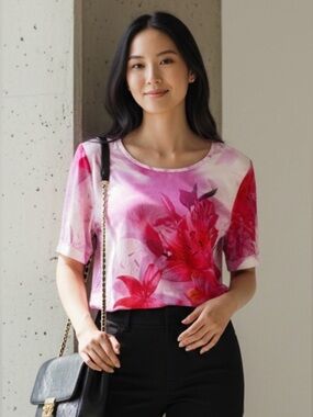 ONE WORLD Pink & White Floral Short-Sleeve Tee